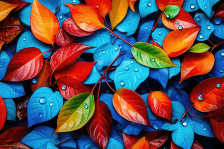 Red and blue leaves with water drops. Colorful autumn background.の素材