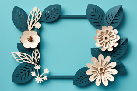 Paper flowers and leaves frame on blue background. 3D rendering.の素材