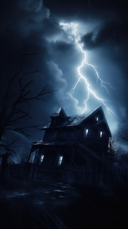 Abandoned house at night with lightning in the sky. Halloween conceptの素材