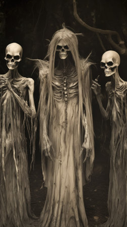 Halloween theme: Scary spooky skeleton people in haunted forestの素材