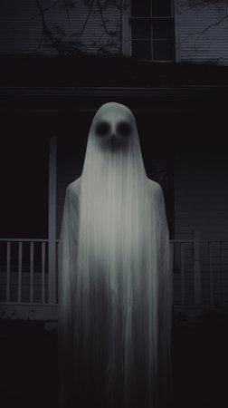 Ghost in front of the house. Halloween background. Black and white.の素材