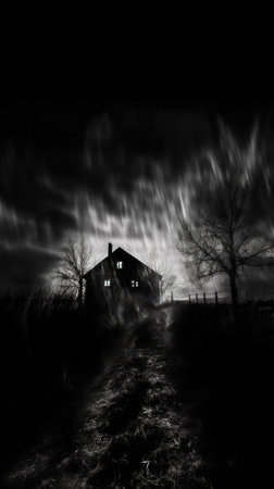 Abandoned house at night in the countryside. Halloween concept.の素材