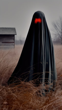 Mysterious witch in a dark cloak standing in the field.の素材