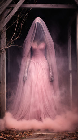 Fantasy image of a beautiful woman in a long pink dress with a veil in the darkの素材
