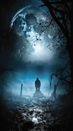 Mysterious silhouette of a man in a foggy forest at nightの素材