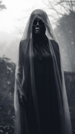 Scary ghost woman in a foggy forest. Halloween concept.の素材