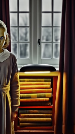 Beautiful woman in a dress standing near the window and reading a bookの素材