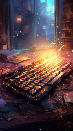 Computer keyboard and glowing lights in the dark, conceptual image of technologyの素材