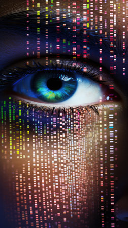 Close-up of woman's eye with binary code in her eyesの素材