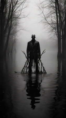 Scary ghost in a foggy forest, black and white imageの素材