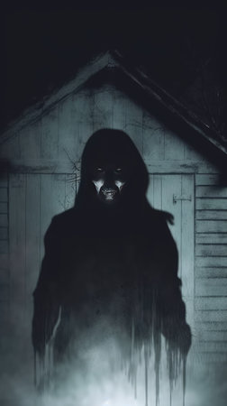 Scary ghost in the old wooden house. Horror Halloween concept.の素材