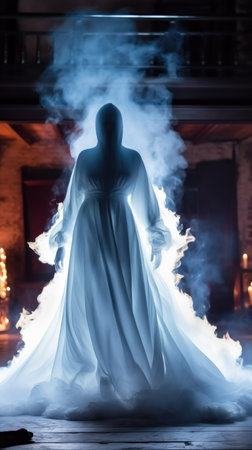 The figure of the figure of a man in a white robe with a hood and smoke in a dark roomの素材