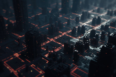 Futuristic city with glowing lines and connections. 3d renderingの素材
