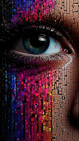 Close-up of woman's eye with multicolored makeup.の素材