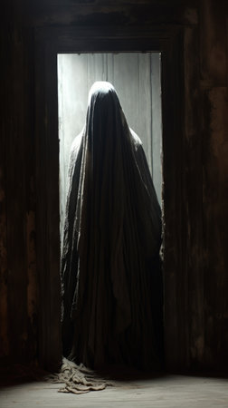Halloween ghost in the dark room with old door. Halloween conceptの素材