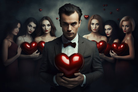 Fashionable young man in a suit with red hearts on a dark backgroundの素材