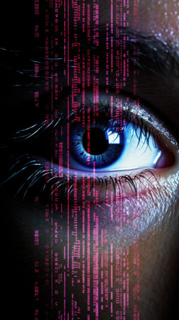 Close-up of female eye with binary code. Technology concept.の素材