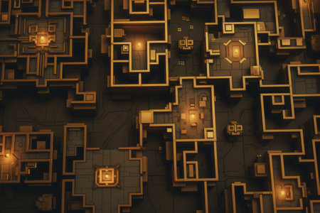 3d illustration of abstract geometric composition made of cubes and glowing lightsの素材