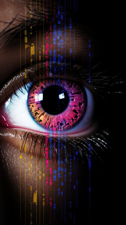 Close up of human eye with digital glitch effect, vision correction conceptの素材
