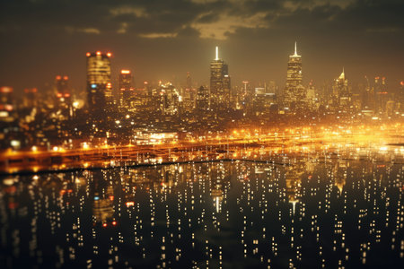 Double exposure of city and skyscrapers at night, technology conceptの素材