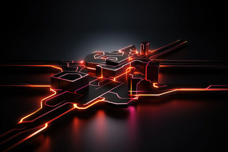 3D rendering of a computer circuit with neon lights on a dark backgroundの素材