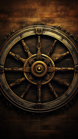 Old wooden steering wheel on the wooden background. 3d illustration.の素材