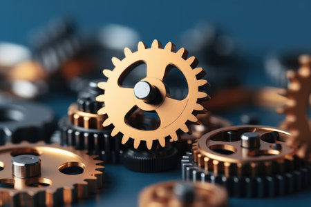 Gear wheels on blue background. 3d rendering, 3d illustration.の素材
