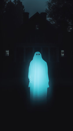 Scary ghost in front of haunted house at night. Halloween conceptの素材