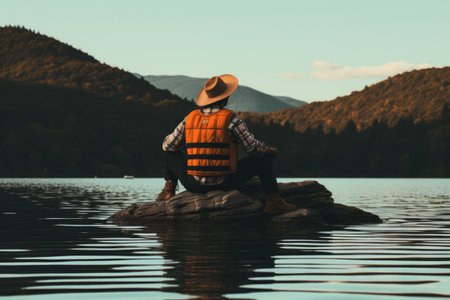 Man in a life jacket and hat sitting on a rock on a lake.の素材
