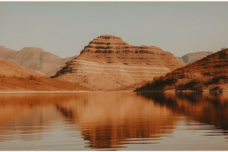 Reflection of mountains in the lake. Vintage stylized photo.の素材