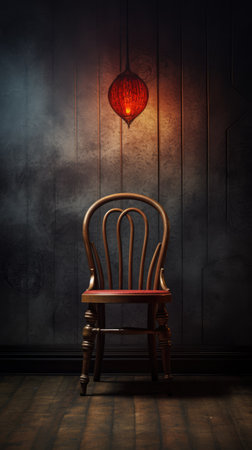 Vintage wooden chair with red lamp in dark room. 3D renderingの素材