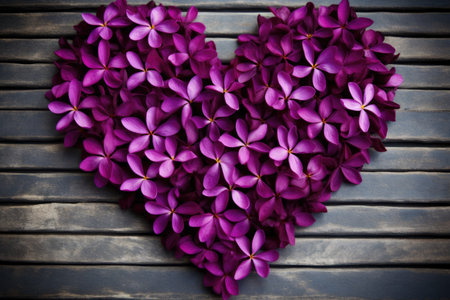 Purple flowers in heart shape on wooden background. Toned.の素材