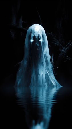 Waterfall in the dark with blue light and reflection on the waterの素材