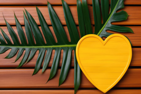 Wooden heart and palm leaf on wooden background. Copy space.の素材