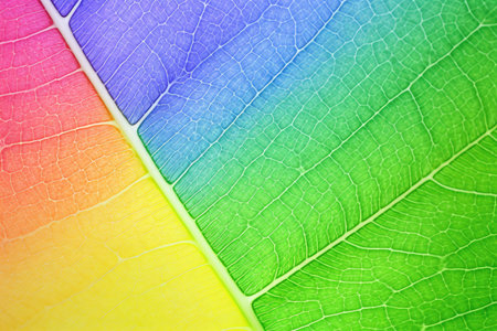 close up of rainbow colored leaf texture - abstract background and nature conceptの素材