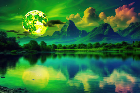 Fantasy landscape with green planet and mountains reflected in the lake.の素材