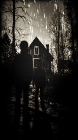 Silhouette of a couple in front of a house at nightの素材