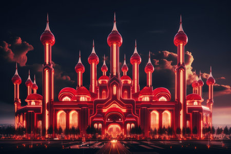 Night view of mosque in Kuala Lumpur, Malaysia. This is a 3d render illustration.の素材