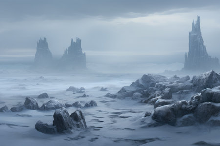 Fantasy landscape with fog on the sea. 3D illustration.の素材