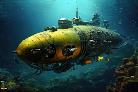 Underwater submarine in the deep blue sea. Underwater world.の素材
