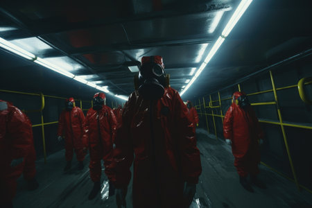 Firemen in hazmat suits and gas mask standing in underground corridorの素材