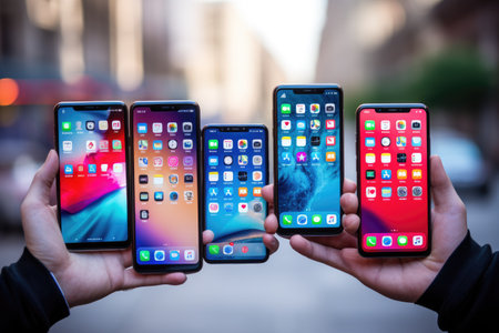 Hands holding smartphones with different apps on the screenの素材