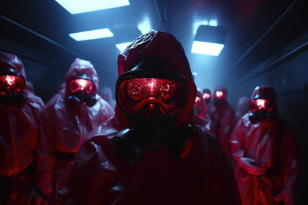 Group of people in hazmat suits and masks in a corridor.の素材