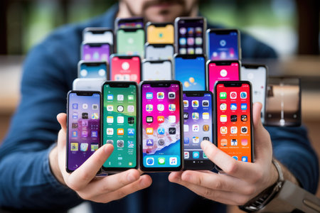 Man holding iPhone Xs and iPhone Xs in his hands. iPhone Xs was created and developed by the Apple inc.の素材