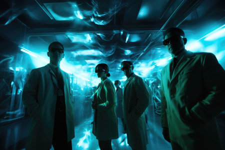 Group of doctors in the operating room of a modern hospital with blue neon lightの素材