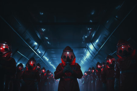 Group of firemen in uniform and gas mask in a dark corridor.の素材