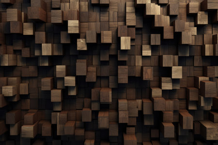 3d rendering of abstract geometric shape made of wooden cubes in black backgroundの素材