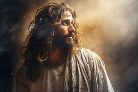 Portrait of Jesus Christ in the rain on a dark background.の素材