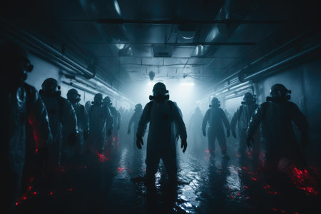 Silhouette of a man in a gas mask in a dark roomの素材