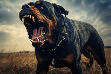 Rottweiler dog in the field. Rottweiler in the field.の素材